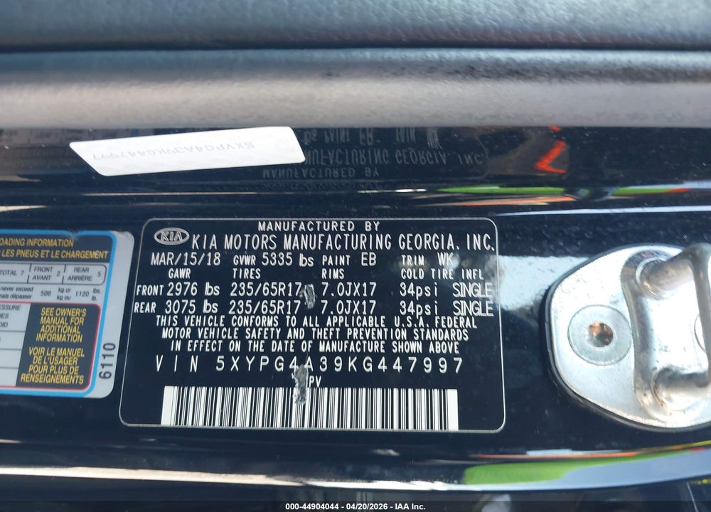 2019 KIA SORENTO 2.4L LX VIN: 5XYPG4A39KG447997