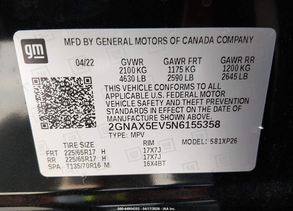 2022 CHEVROLET EQUINOX AWD 1FL VIN: 2GNAX5EV5N6155358