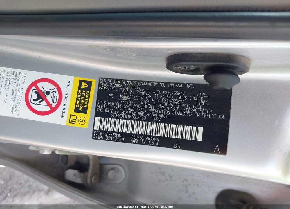 2011 TOYOTA HIGHLANDER BASE V6 VIN: 5TDBK3EH1BS068150