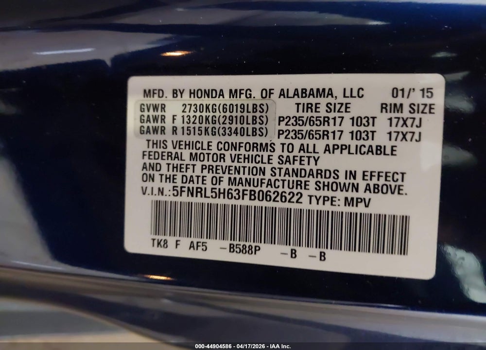 2015 HONDA ODYSSEY EX-L VIN: 5FNRL5H63FB062622