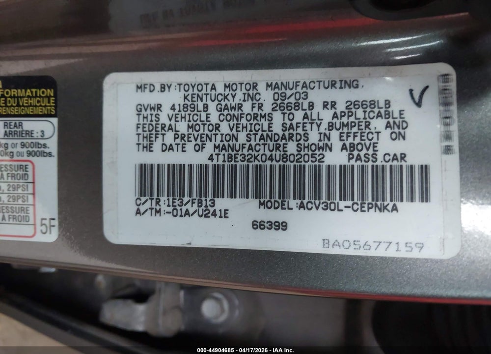 2004 TOYOTA CAMRY LE VIN: 4T1BE32K04U802052
