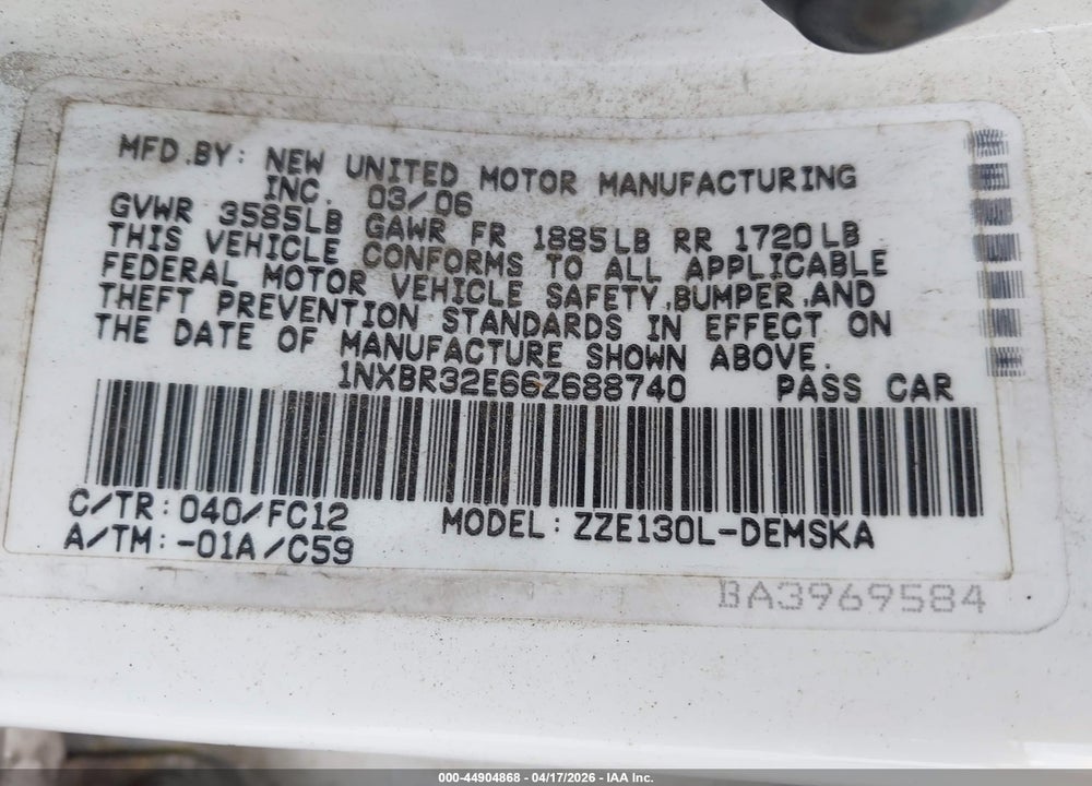 2006 TOYOTA COROLLA S VIN: 1NXBR32E66Z688740