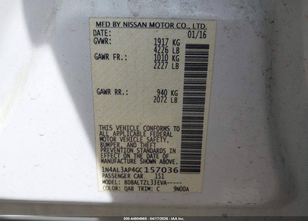 2016 NISSAN ALTIMA 2.5 SL VIN: 1N4AL3AP4GC157036