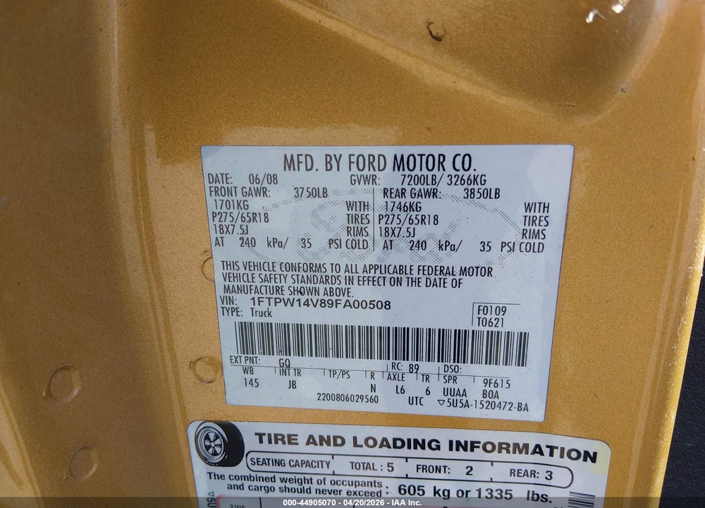 2009 FORD F-150 FX4/KING RANCH/LARIAT/PLATINUM/XL/XLT VIN: 1FTPW14V89FA00508