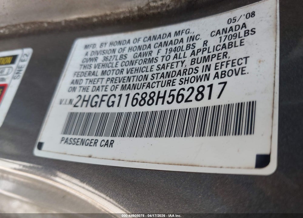 2008 HONDA CIVIC LX VIN: 2HGFG11688H562817