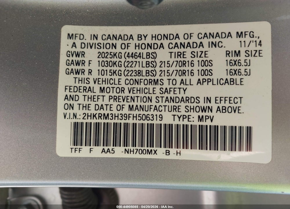 2015 HONDA CR-V LX VIN: 2HKRM3H39FH506319