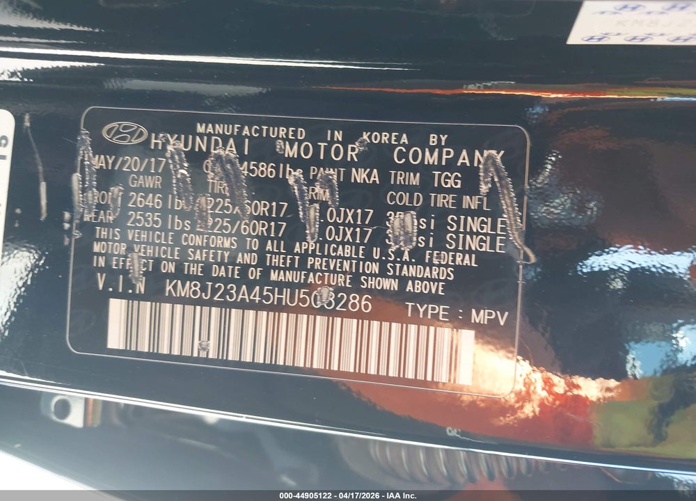 2017 HYUNDAI TUCSON SE VIN: KM8J23A45HU508286
