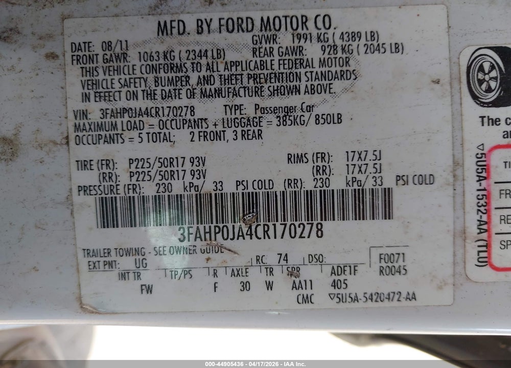 2012 FORD FUSION SEL VIN: 3FAHP0JA4CR170278