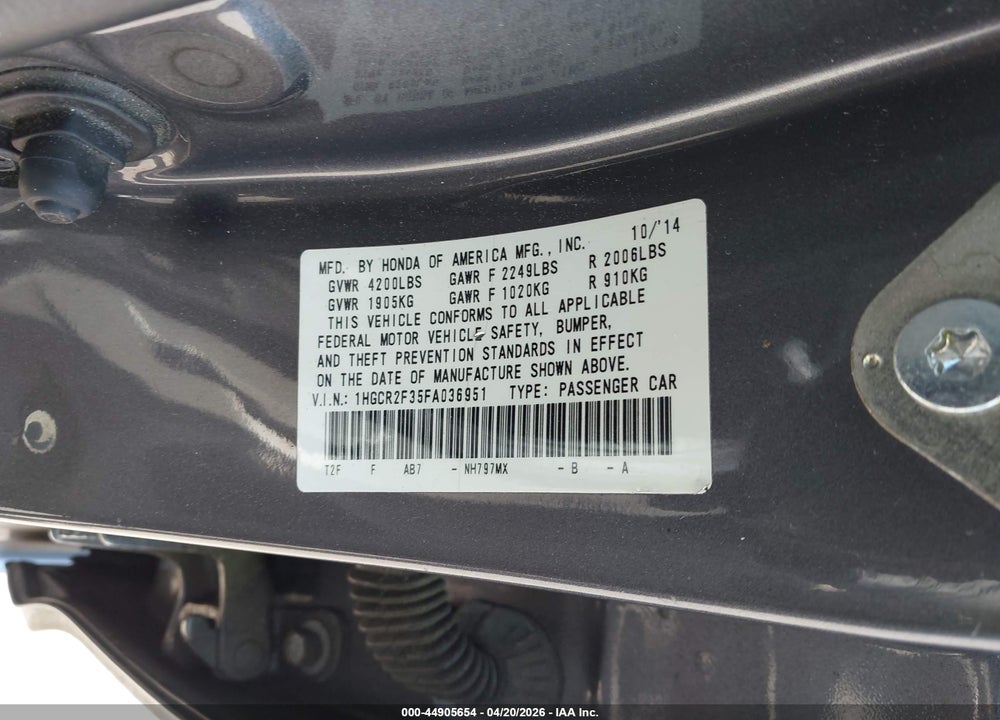 2015 HONDA ACCORD LX VIN: 1HGCR2F35FA036951