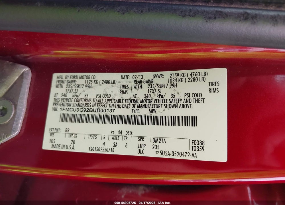 2013 FORD ESCAPE SE VIN: 1FMCU0G92DUD00137