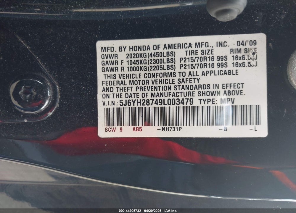 2009 HONDA ELEMENT EX VIN: 5J6YH28749L003479