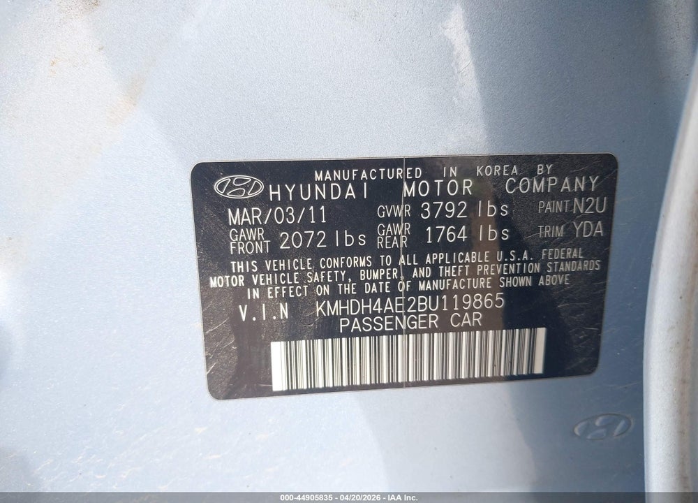 2011 HYUNDAI ELANTRA GLS (ULSAN PLANT) VIN: KMHDH4AE2BU119865