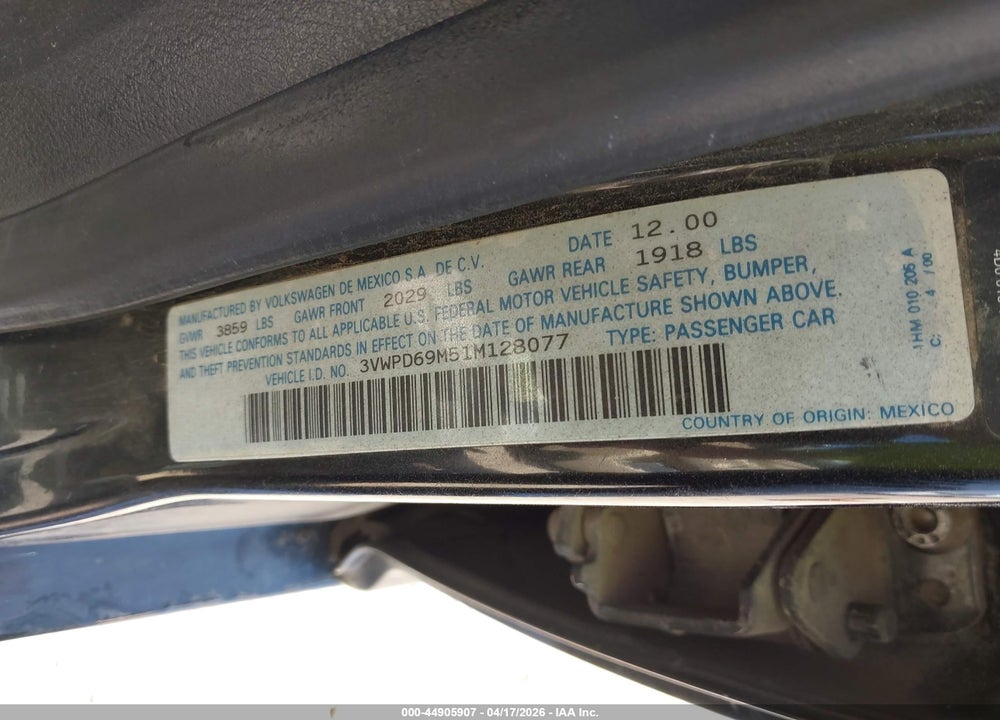 2001 VOLKSWAGEN JETTA WOLFSBURG VIN: 3VWPD69M51M128077