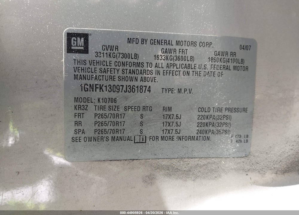 2007 CHEVROLET TAHOE LT VIN: 1GNFK13097J361874