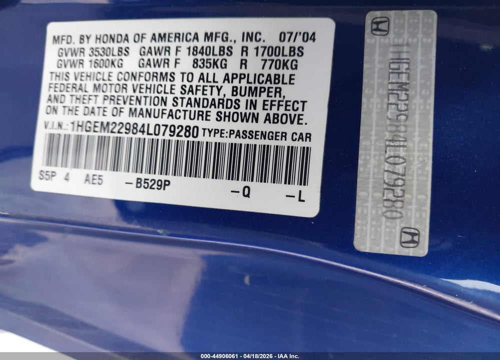 2004 HONDA CIVIC EX VIN: 1HGEM22984L079280