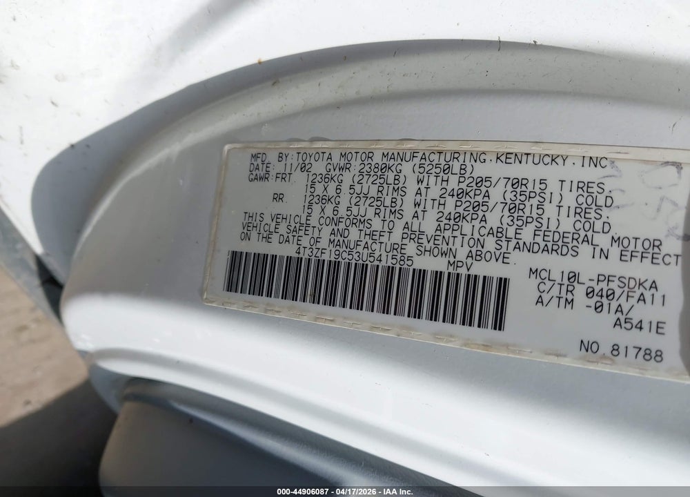 2003 TOYOTA SIENNA CE VIN: 4T3ZF19C53U541585