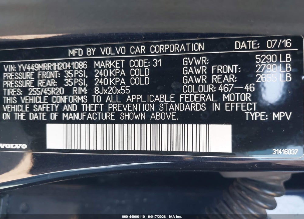 2017 VOLVO XC60 T6 DYNAMIC VIN: YV449MRR1H2041086