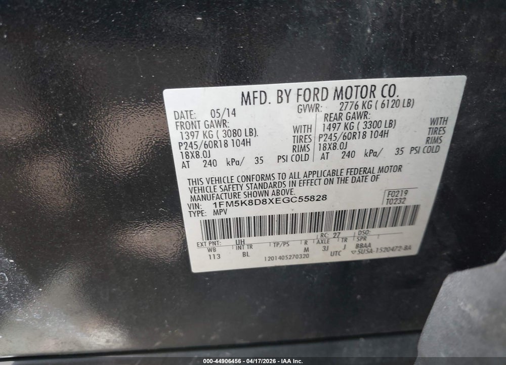 2014 FORD EXPLORER XLT VIN: 1FM5K8D8XEGC55828