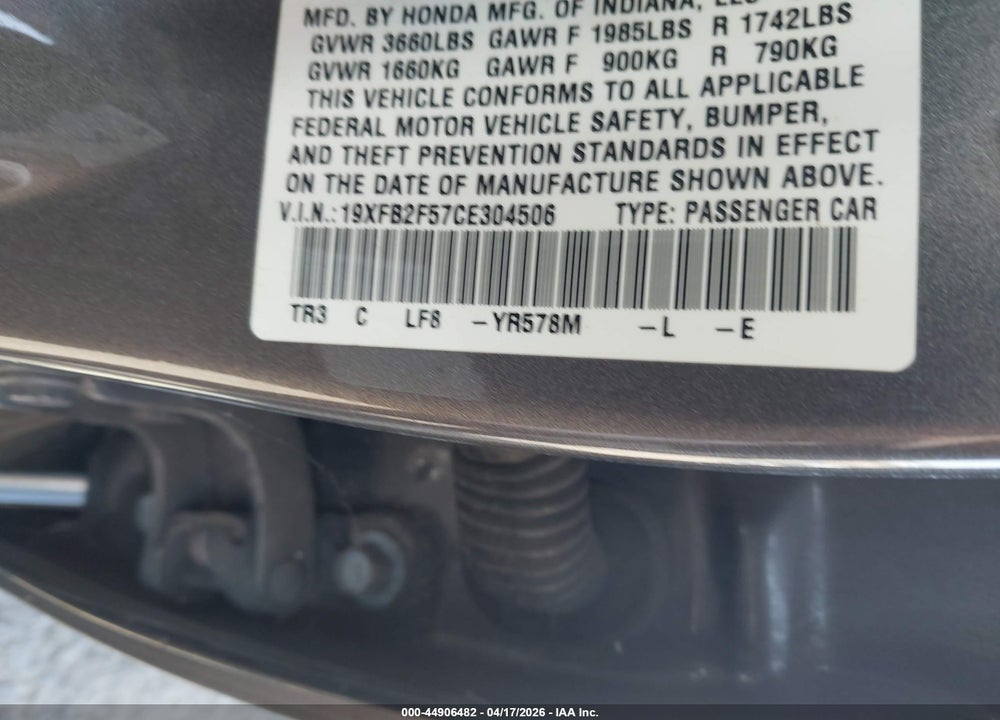 2012 HONDA CIVIC LX VIN: 19XFB2F57CE304506