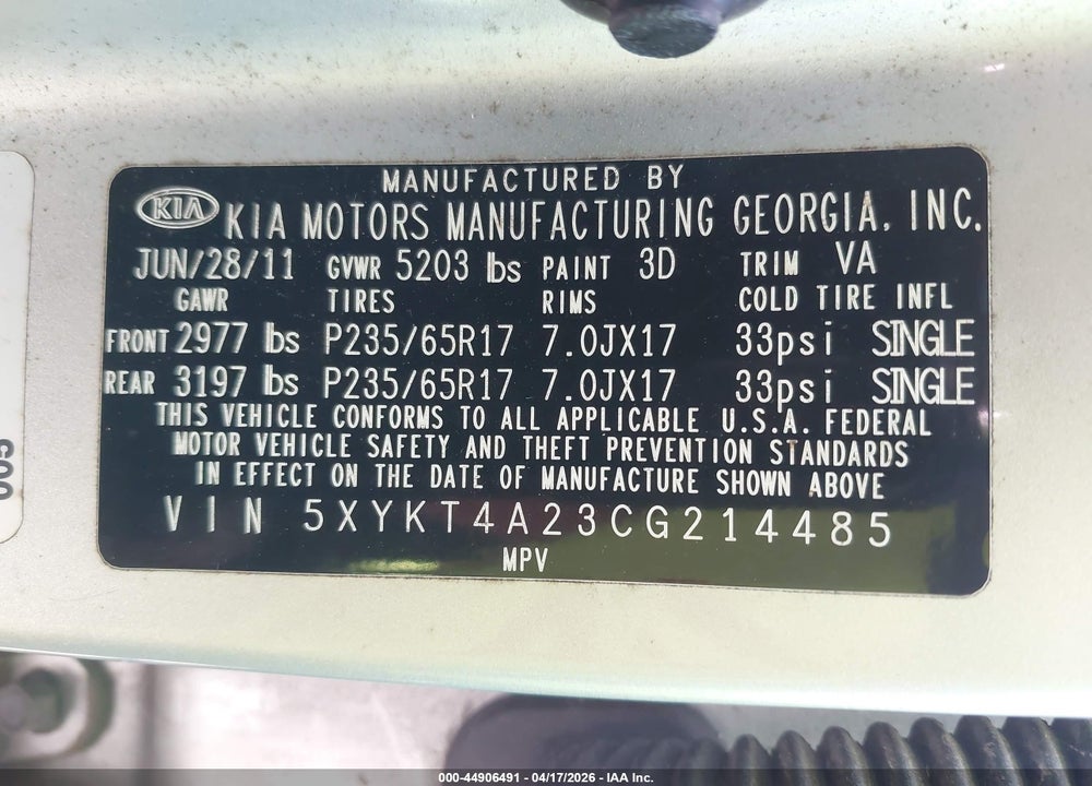 2012 KIA SORENTO LX V6 VIN: 5XYKT4A23CG214485