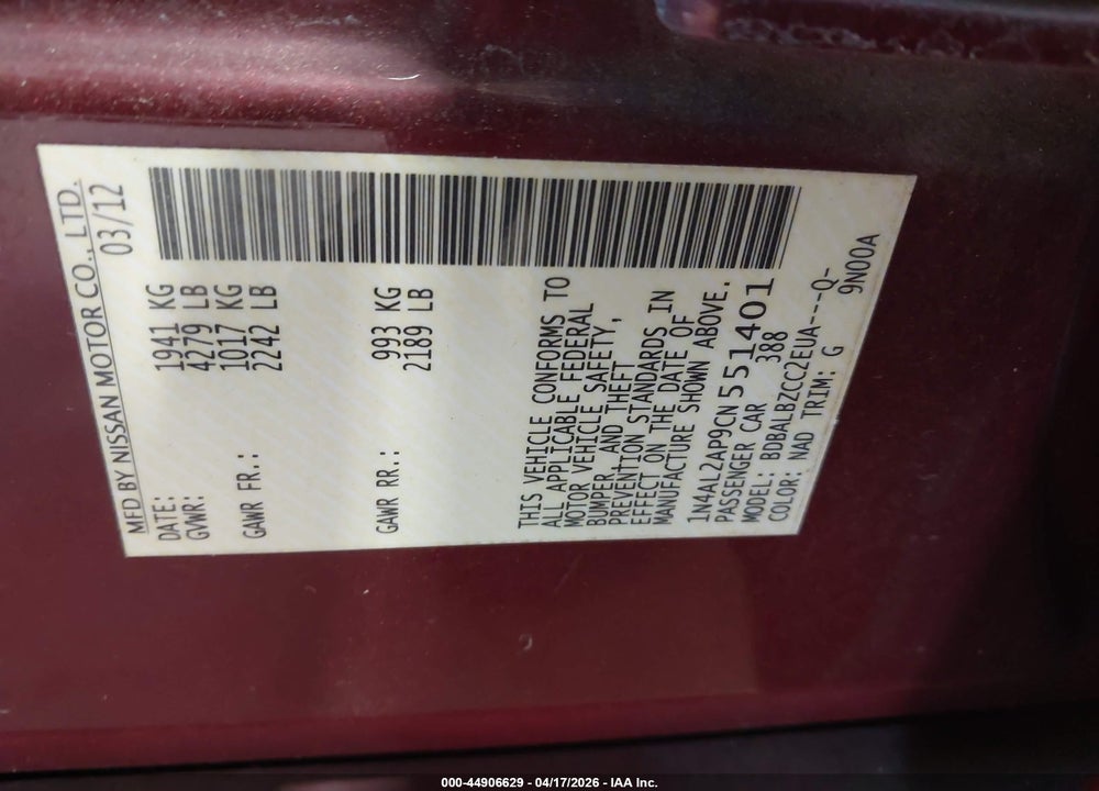 2012 NISSAN ALTIMA 2.5 S VIN: 1N4AL2AP9CN551401