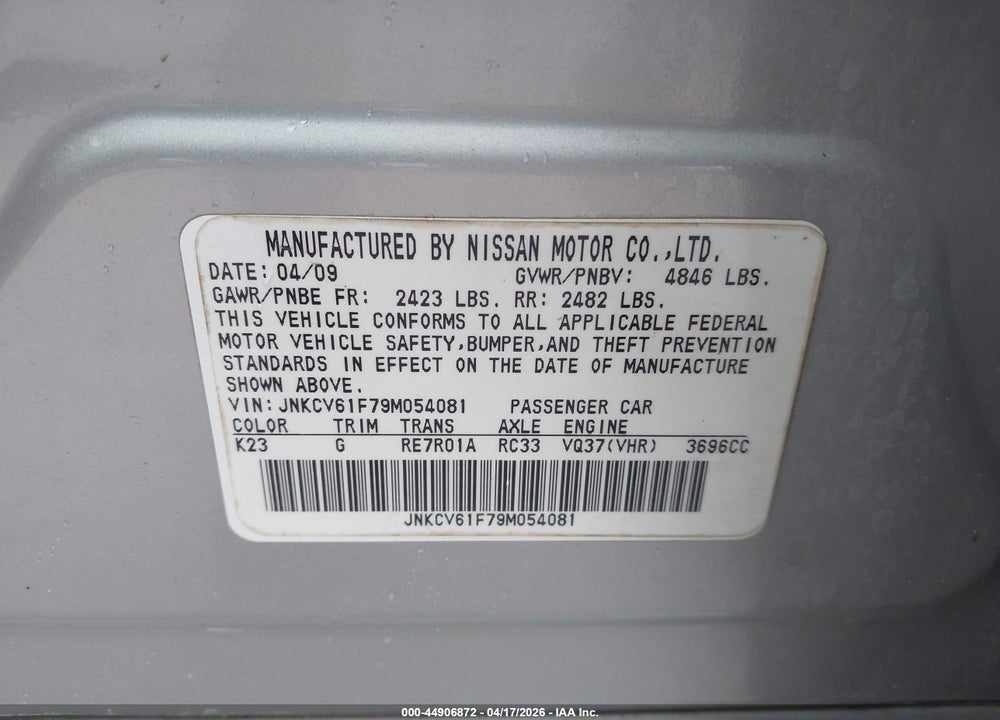 2009 INFINITI G37X VIN: JNKCV61F79M054081