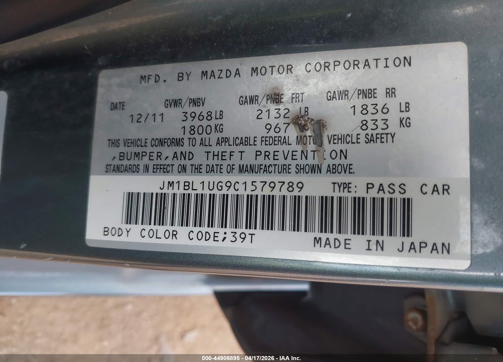 2012 MAZDA 3 I SPORT VIN: JM1BL1UG9C1579789
