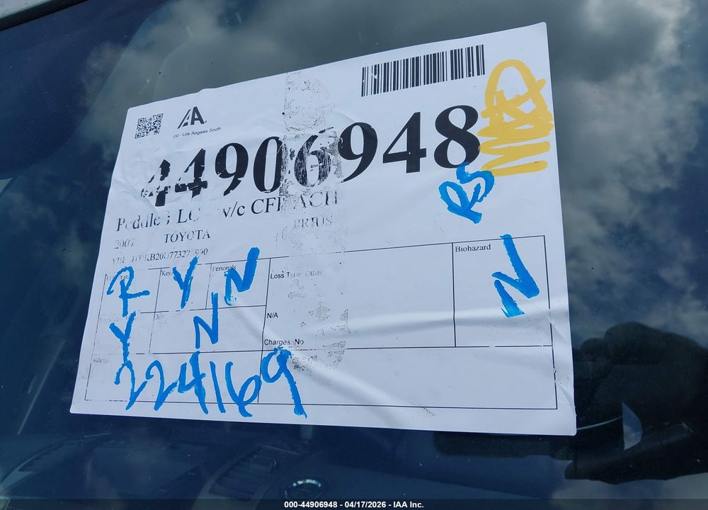 2007 TOYOTA PRIUS VIN: JTDKB20U773275990