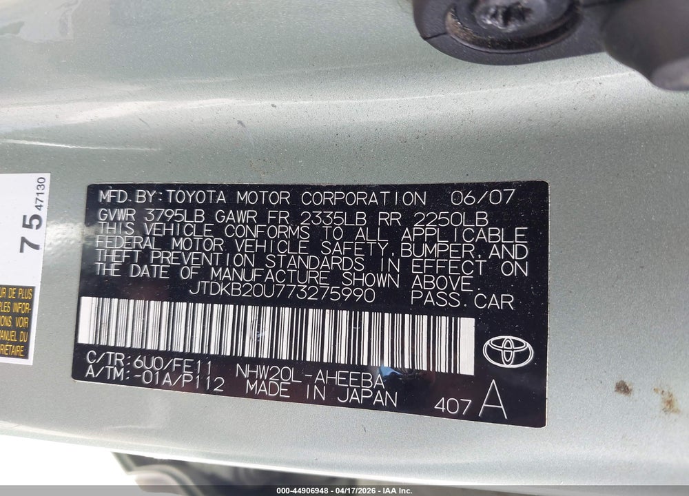 2007 TOYOTA PRIUS VIN: JTDKB20U773275990