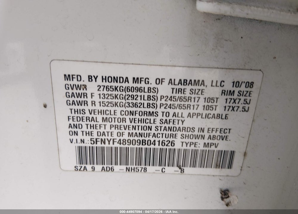 2009 HONDA PILOT TOURING VIN: 5FNYF48909B041626