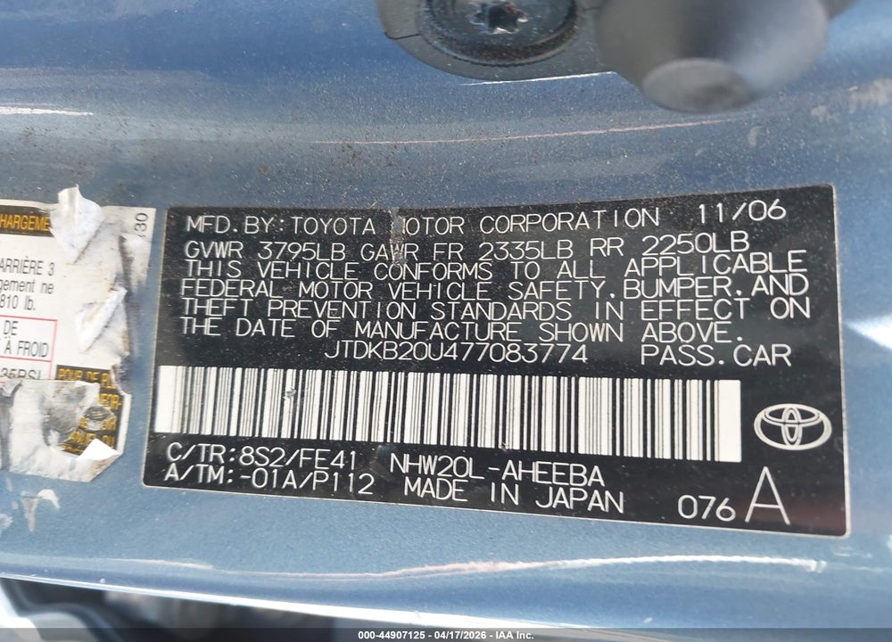 2007 TOYOTA PRIUS VIN: JTDKB20U477083774