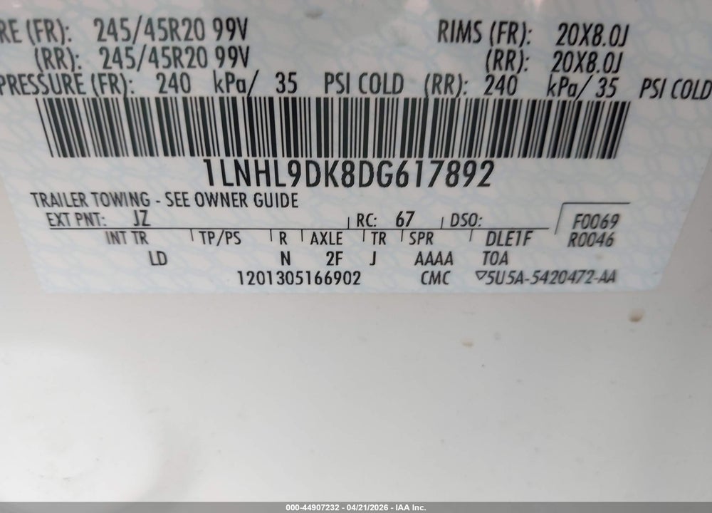 2013 LINCOLN MKS VIN: 1LNHL9DK8DG617892
