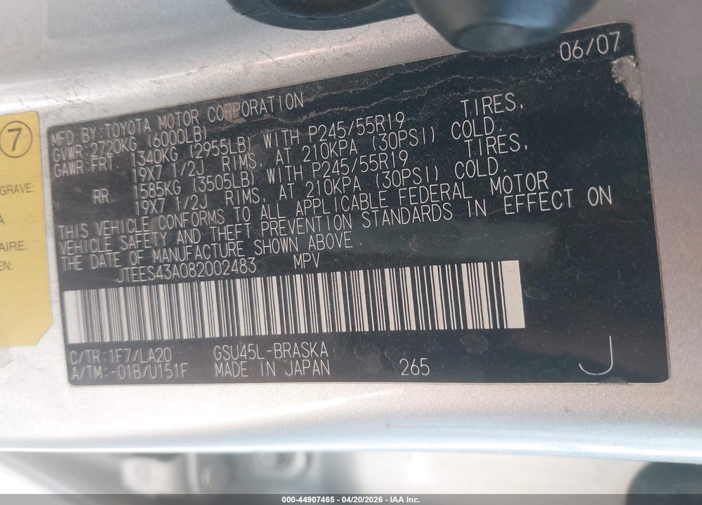 2008 TOYOTA HIGHLANDER SPORT VIN: JTEES43A082002483
