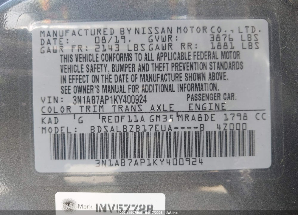 2019 NISSAN SENTRA S VIN: 3N1AB7AP1KY400924