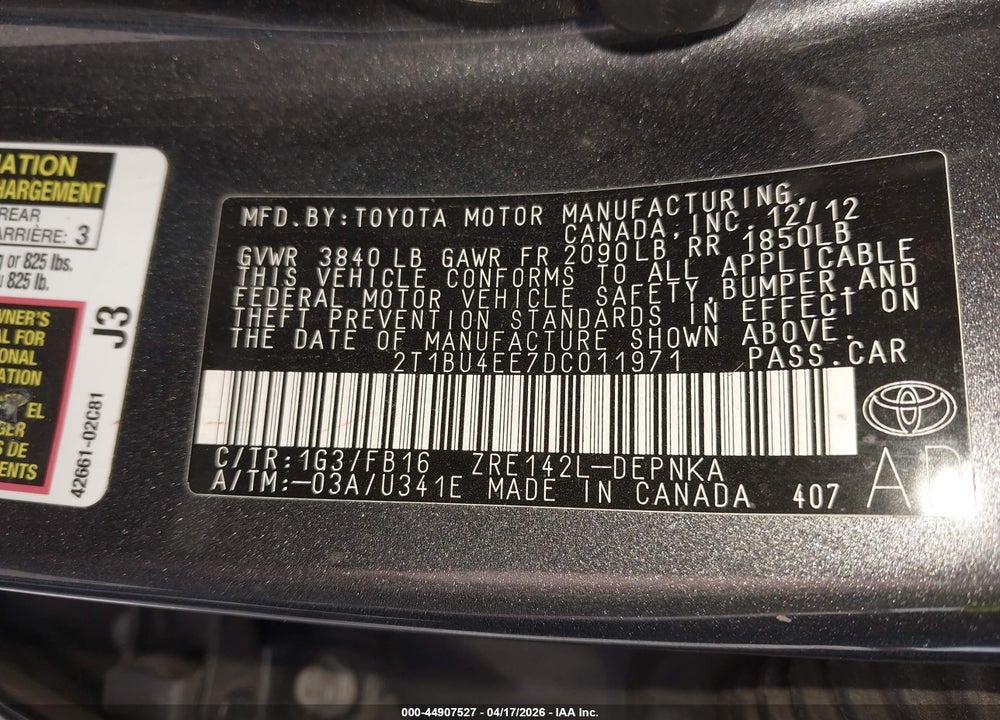 2013 TOYOTA COROLLA LE VIN: 2T1BU4EE7DC011971
