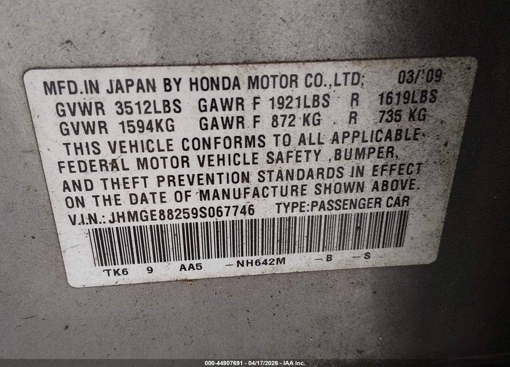 2009 HONDA FIT VIN: JHMGE88259S067746