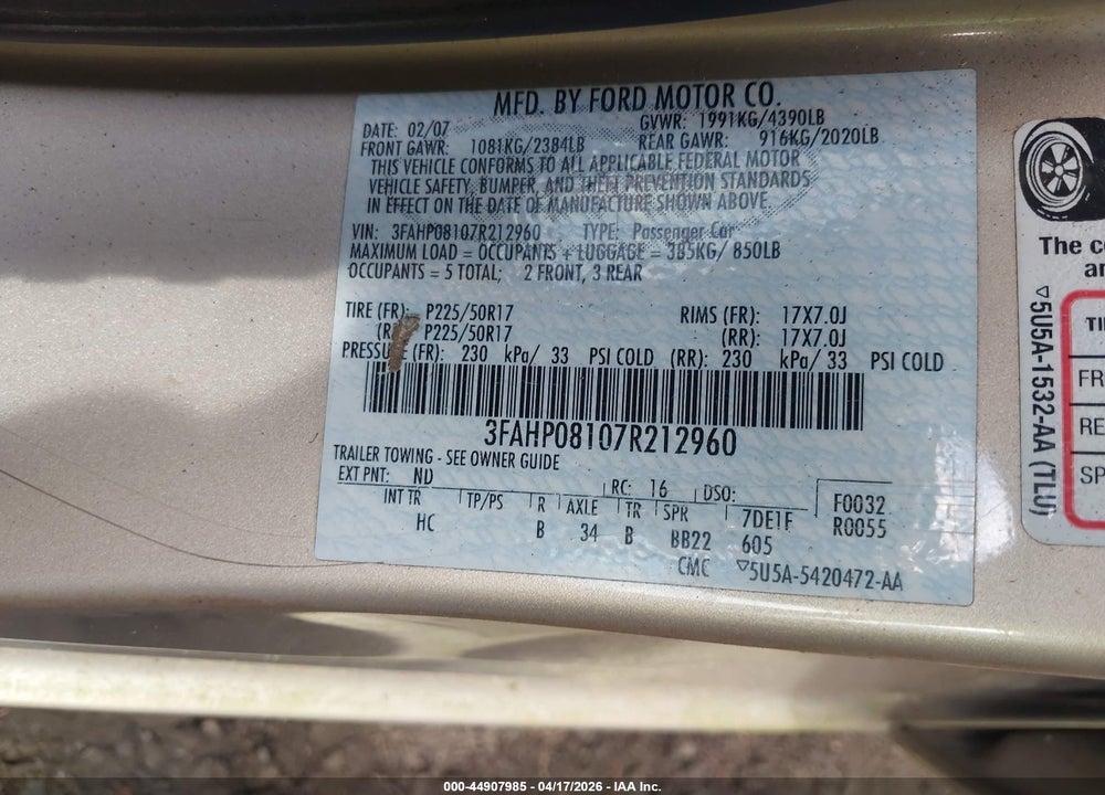 2007 FORD FUSION SEL VIN: 3FAHP08107R212960