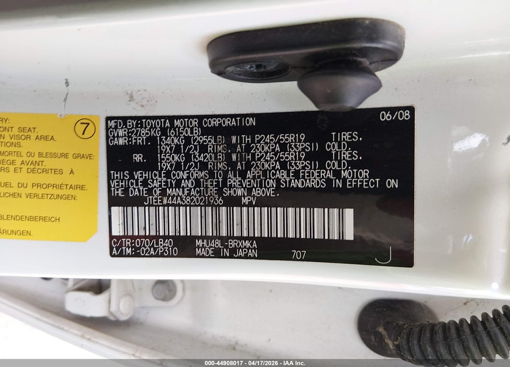 2008 TOYOTA HIGHLANDER HYBRID LIMITED VIN: JTEEW44A382021936