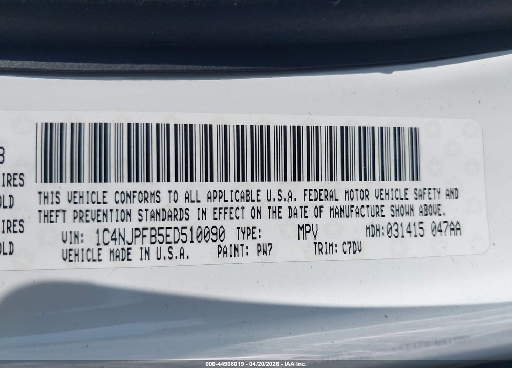2014 JEEP PATRIOT LATITUDE VIN: 1C4NJPFB5ED510090