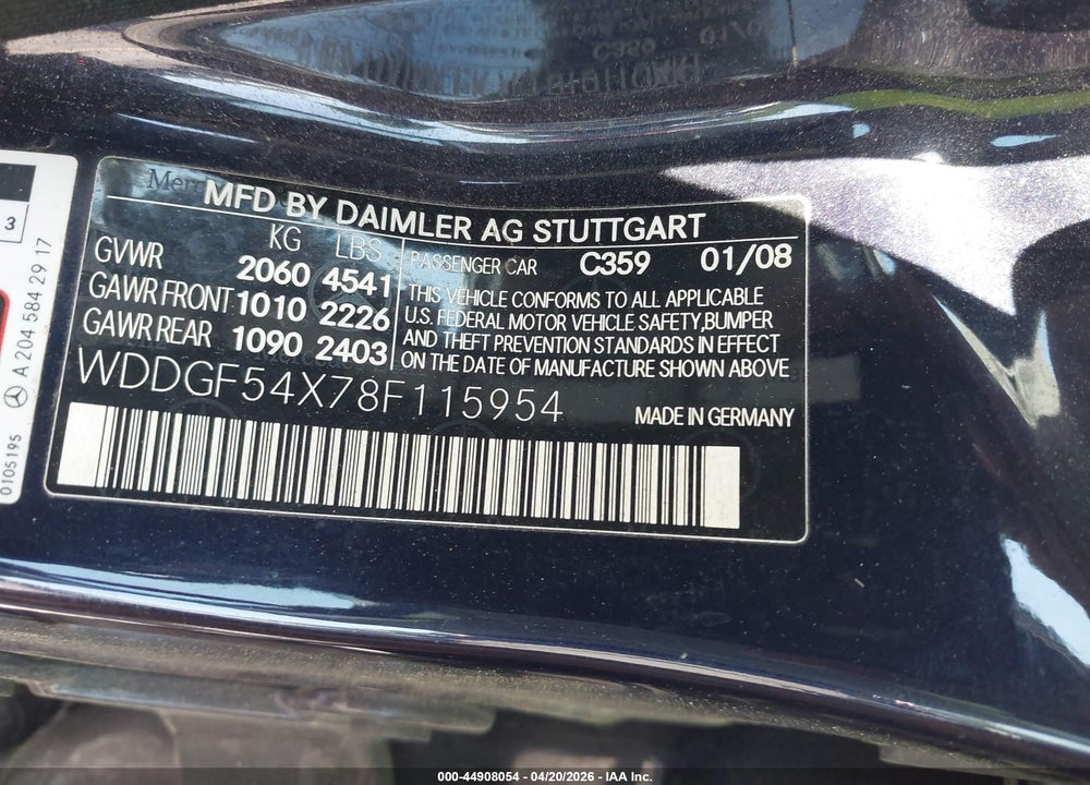 2008 MERCEDES-BENZ C 300 LUXURY/SPORT VIN: WDDGF54X78F115954