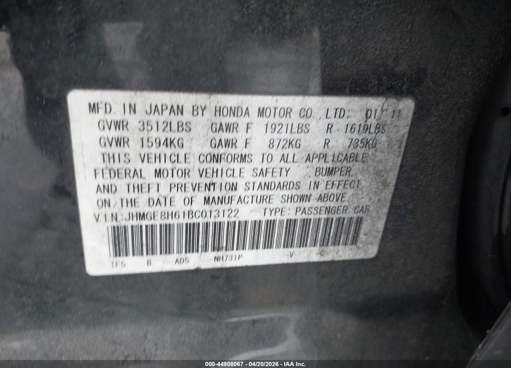 2011 HONDA FIT SPORT VIN: JHMGE8H61BC013122