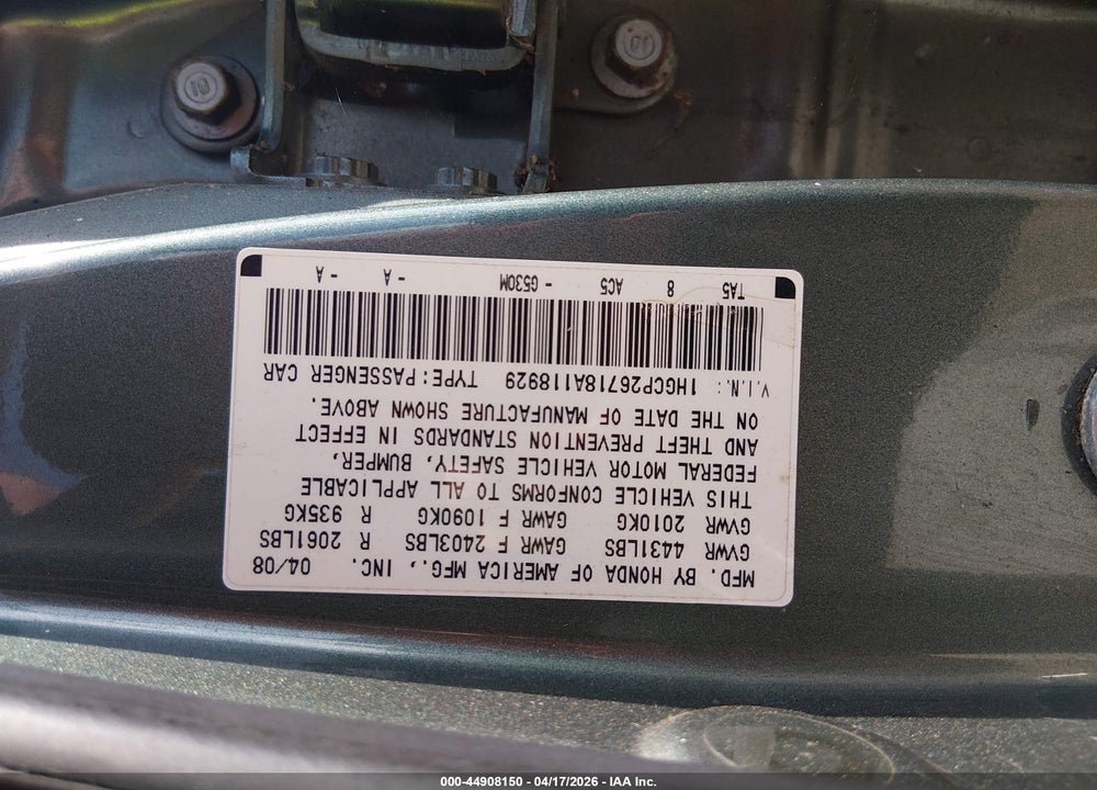 2008 HONDA ACCORD 2.4 EX VIN: 1HGCP26718A118929