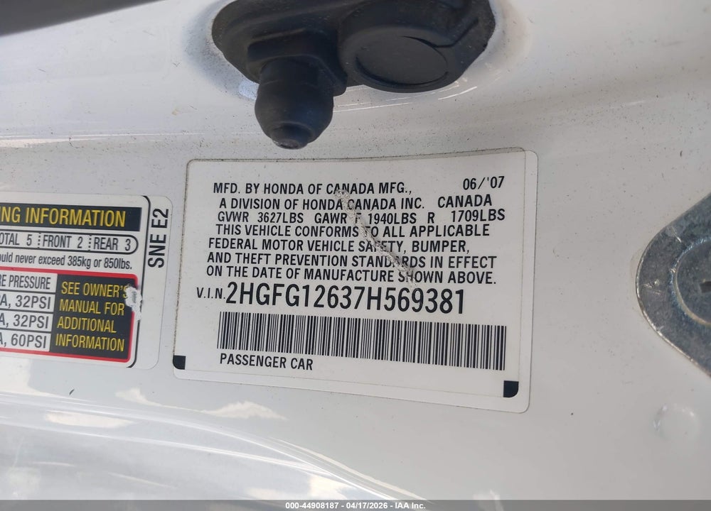 2007 HONDA CIVIC LX VIN: 2HGFG12637H569381