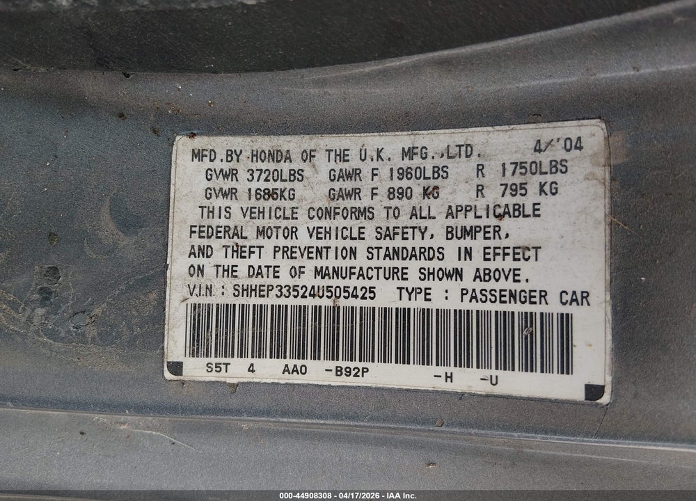 2004 HONDA CIVIC SI VIN: SHHEP33524U505425
