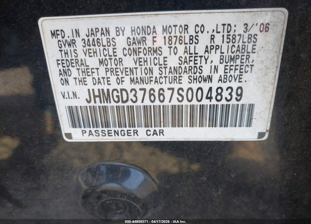 2007 HONDA FIT SPORT VIN: JHMGD37667S004839