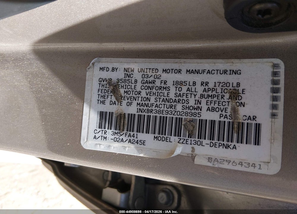 2003 TOYOTA COROLLA VIN: 1NXBR38E93Z028985