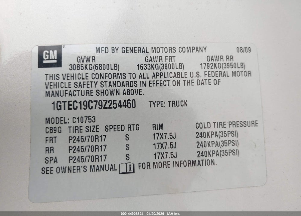 2009 GMC SIERRA 1500 SL VIN: 1GTEC19C79Z254460
