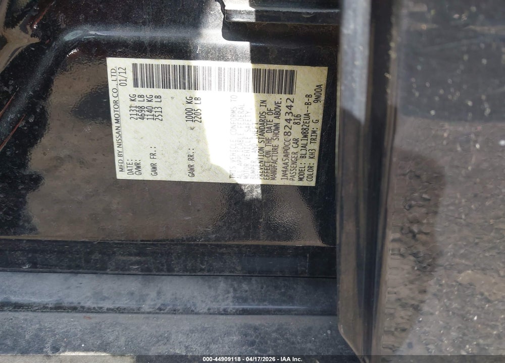 2012 NISSAN MAXIMA VIN: 1N4AA5AP0CC824342
