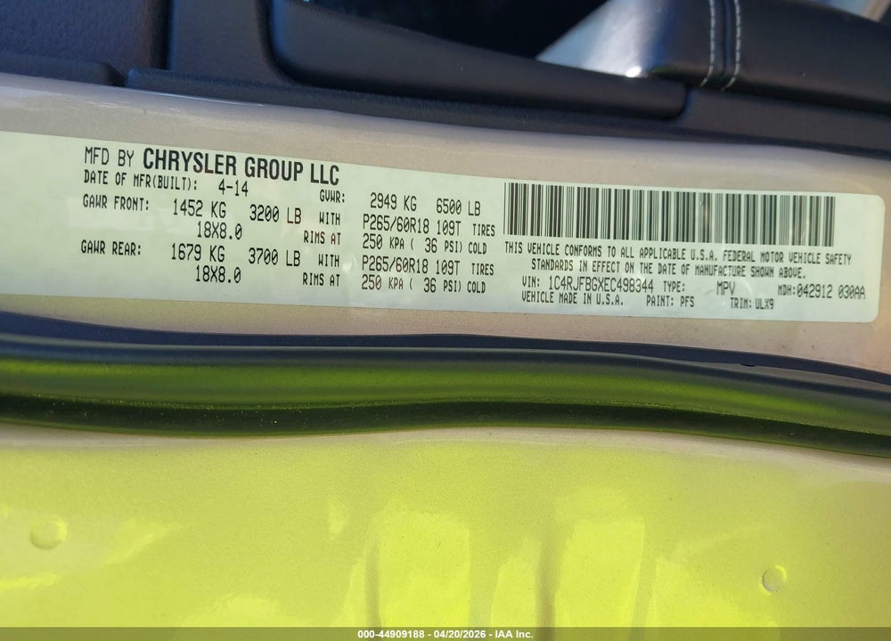 2014 JEEP GRAND CHEROKEE LIMITED VIN: 1C4RJFBGXEC498344