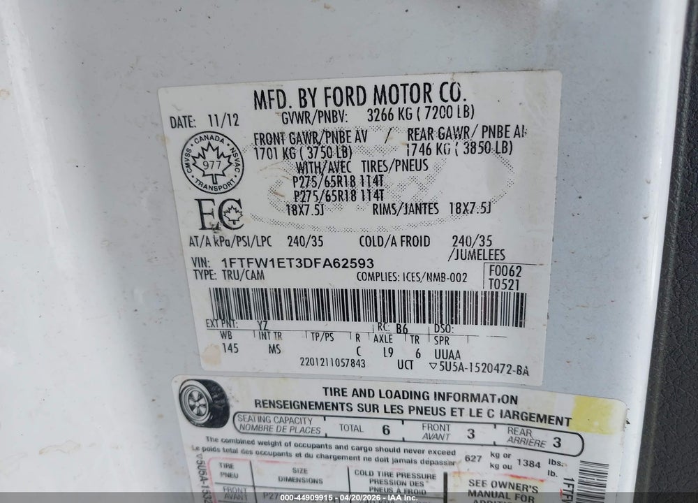 2013 FORD F-150 XLT VIN: 1FTFW1ET3DFA62593